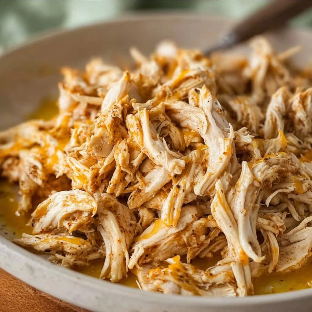 Bowl of shredded chicken ready for tacos and salads