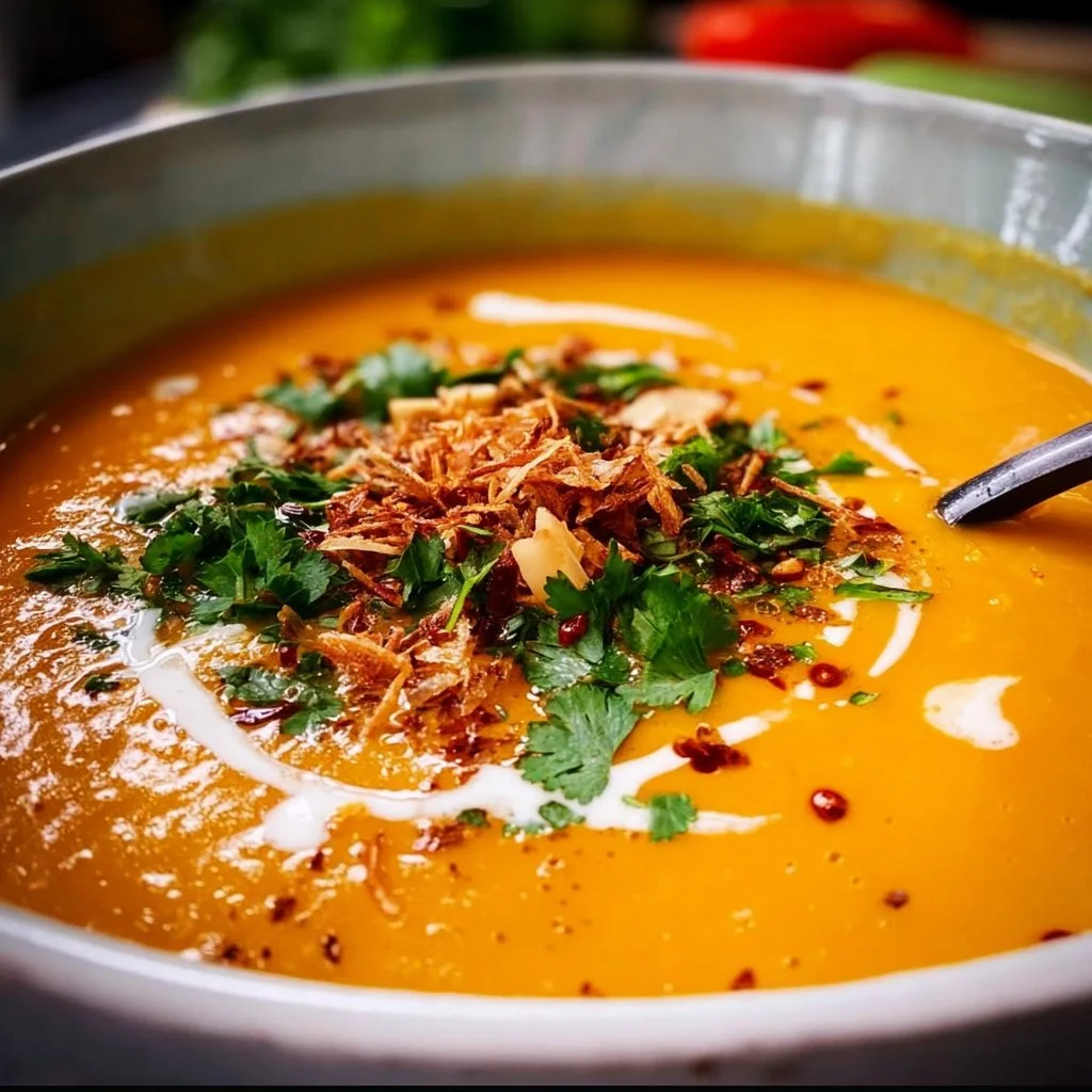 Bowl of spicy Thai coconut pumpkin soup garnished with herbs