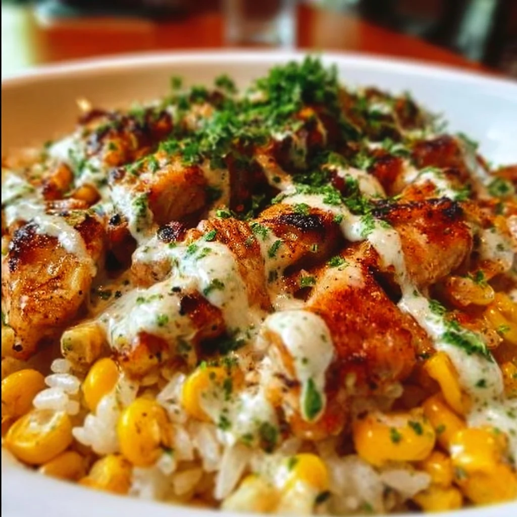Delicious Street Corn Chicken Rice Bowl with a mix of savory chicken and sweet corn