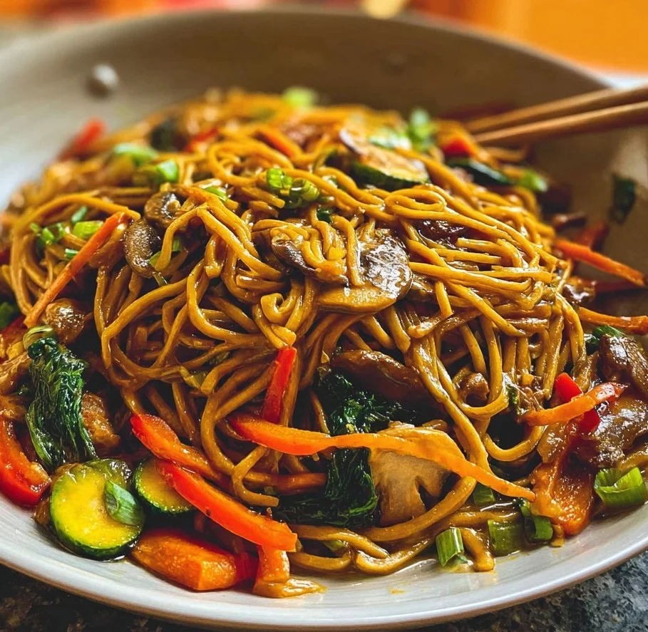 Bowl of 15-minute homemade Lo Mein with vegetables and noodles