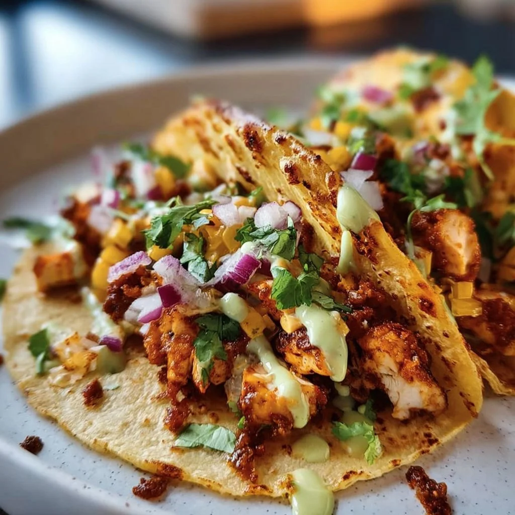 Delicious homemade chicken tacos with fresh toppings and vibrant colors.
