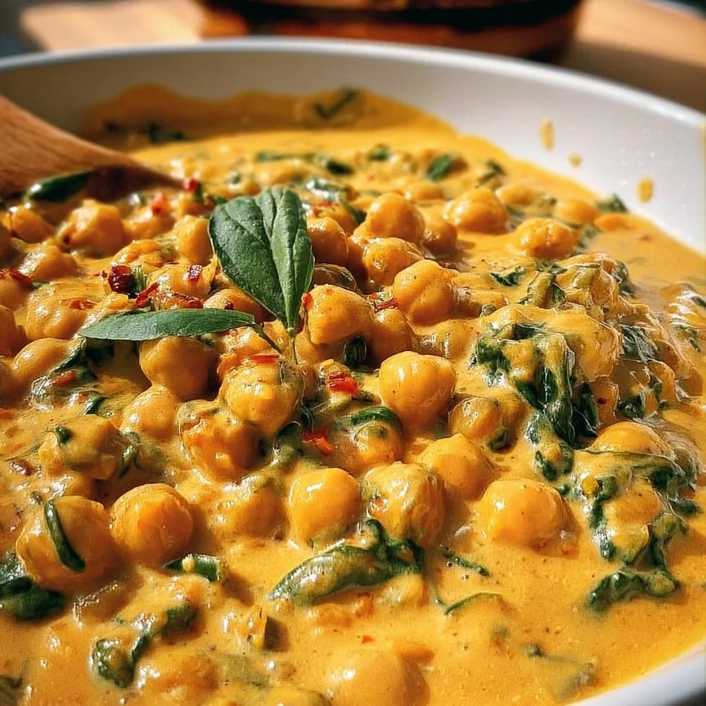 Bowl of creamy vegetarian chickpea curry garnished with fresh herbs.
