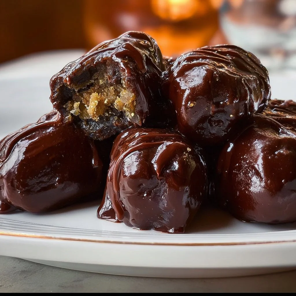A delicious arrangement of dark chocolate-covered dates on a wooden board