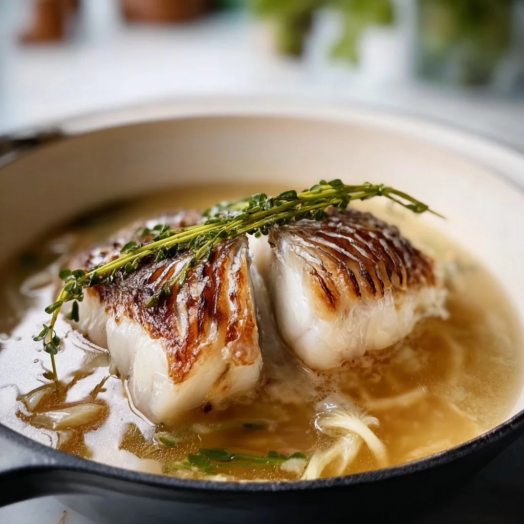 Homemade fish stock ingredients and preparation process.