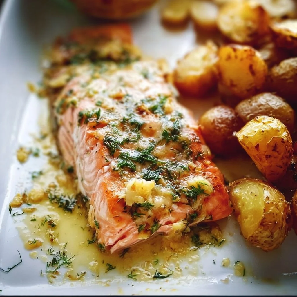 Garlic dill butter salmon fillet served with roasted potatoes