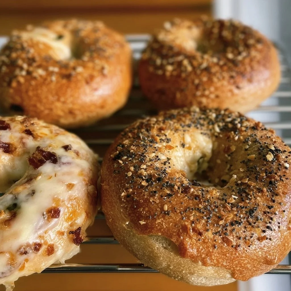 Freshly baked homemade bagels on a wooden board