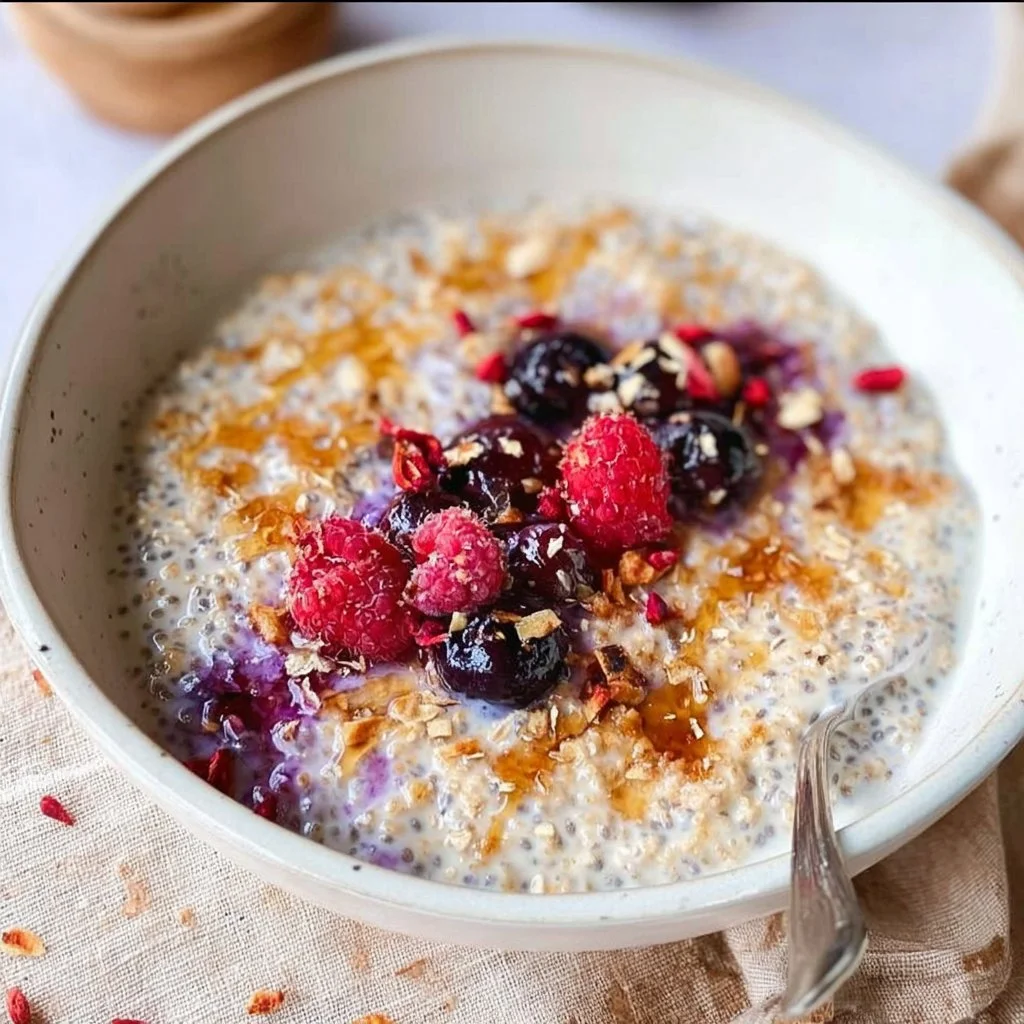 Bowl of low-carb chia seed porridge topped with fruits and nuts