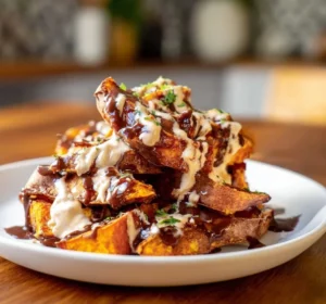 Plate of roasted sweet potatoes with chipotle sauce, garnished and ready to serve.