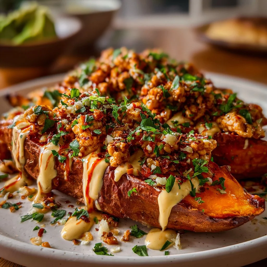 Roasted sweet potatoes with chipotle sauce and ground chicken served in a bowl