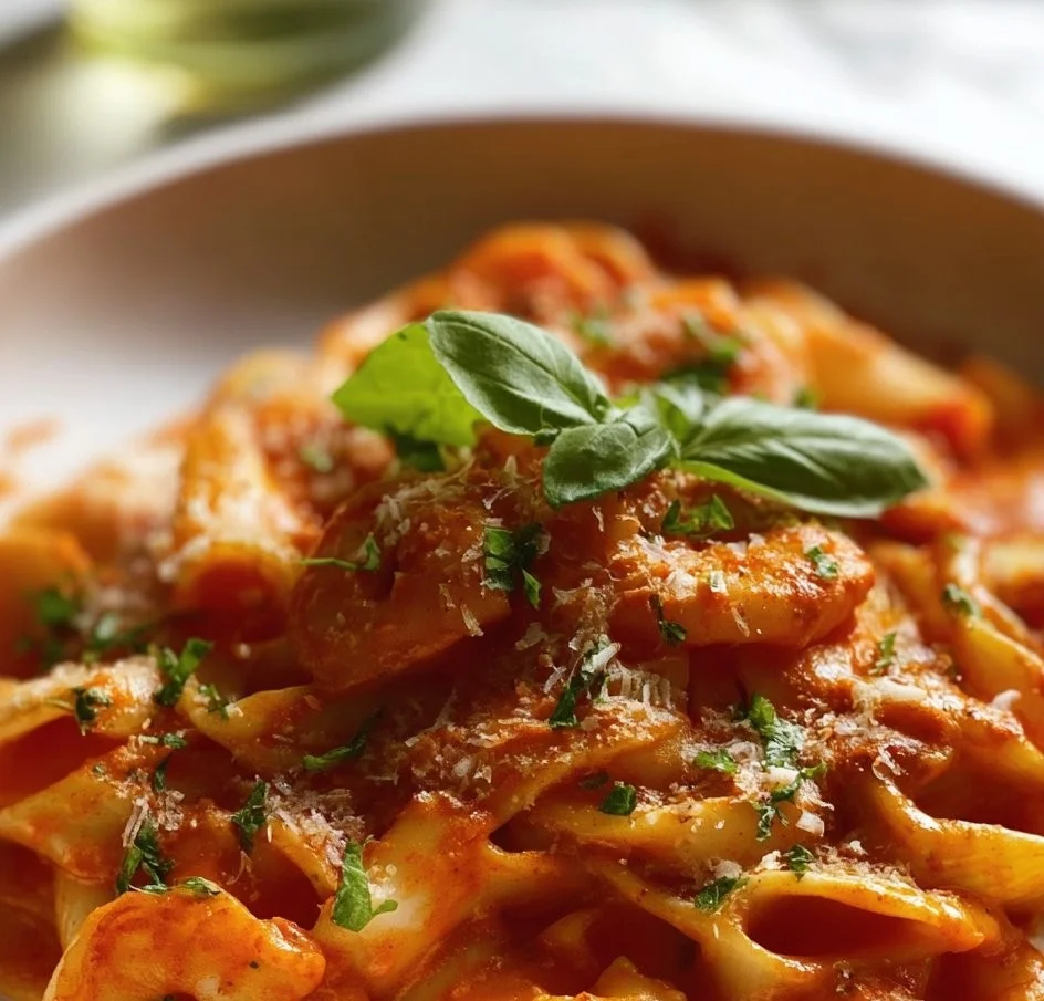 Silky red pepper sauce served with pasta and shrimp