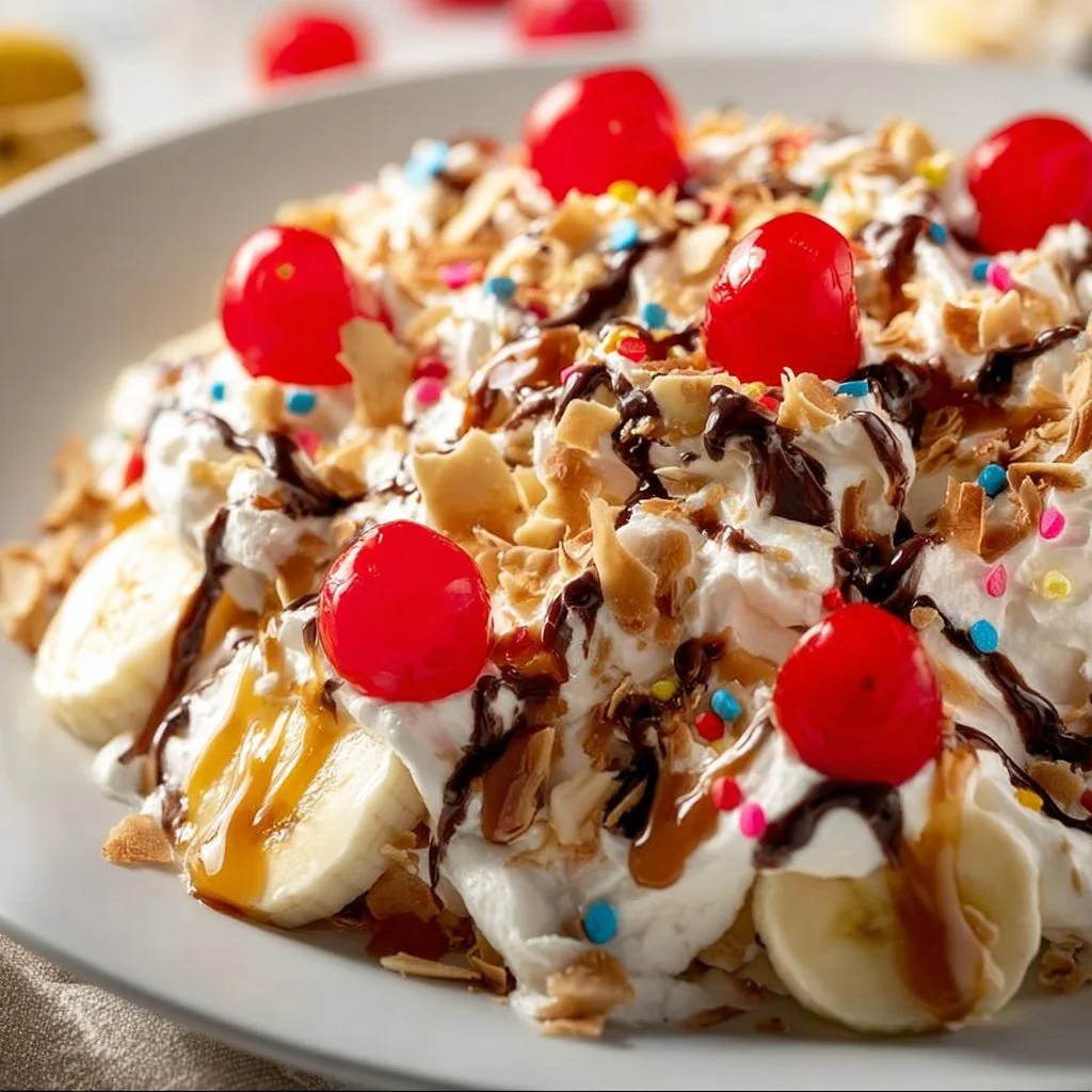 Delicious Banana Split Salad with fresh fruits and whipped cream