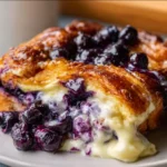 Delicious blueberry cream cheese croissant casserole baked to perfection
