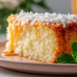 Delicious Brazilian Coconut Cake topped with fresh coconut flakes