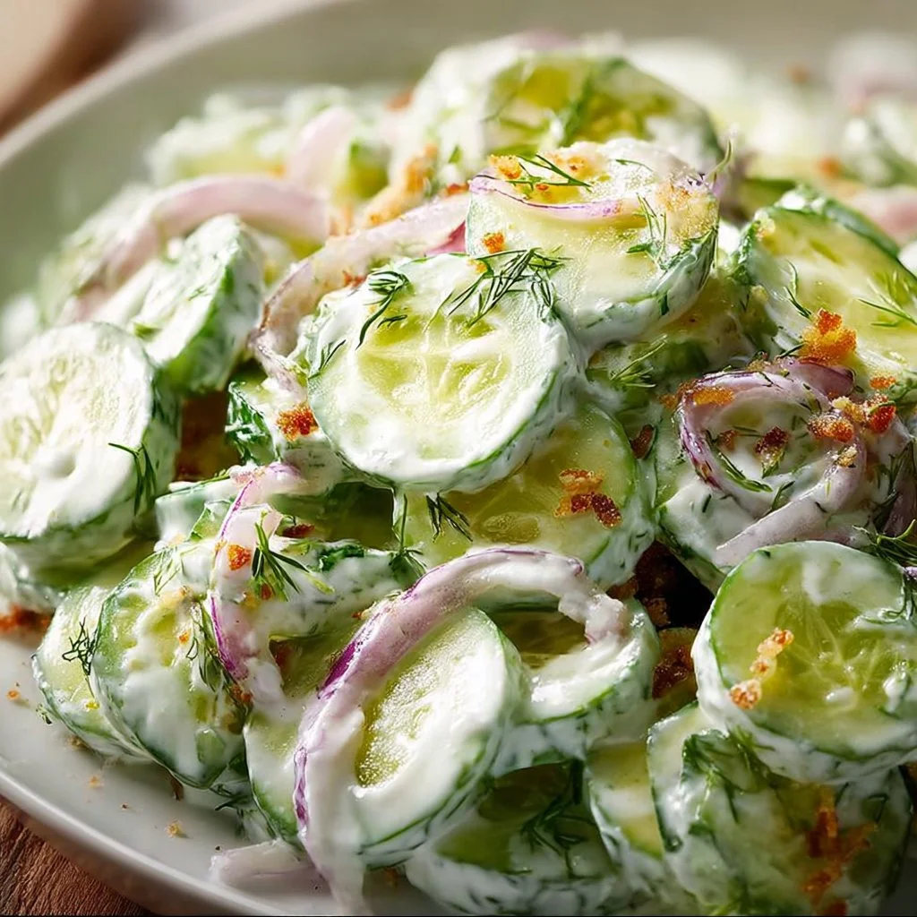 Delicious creamy cucumber salad in a bowl with fresh herbs