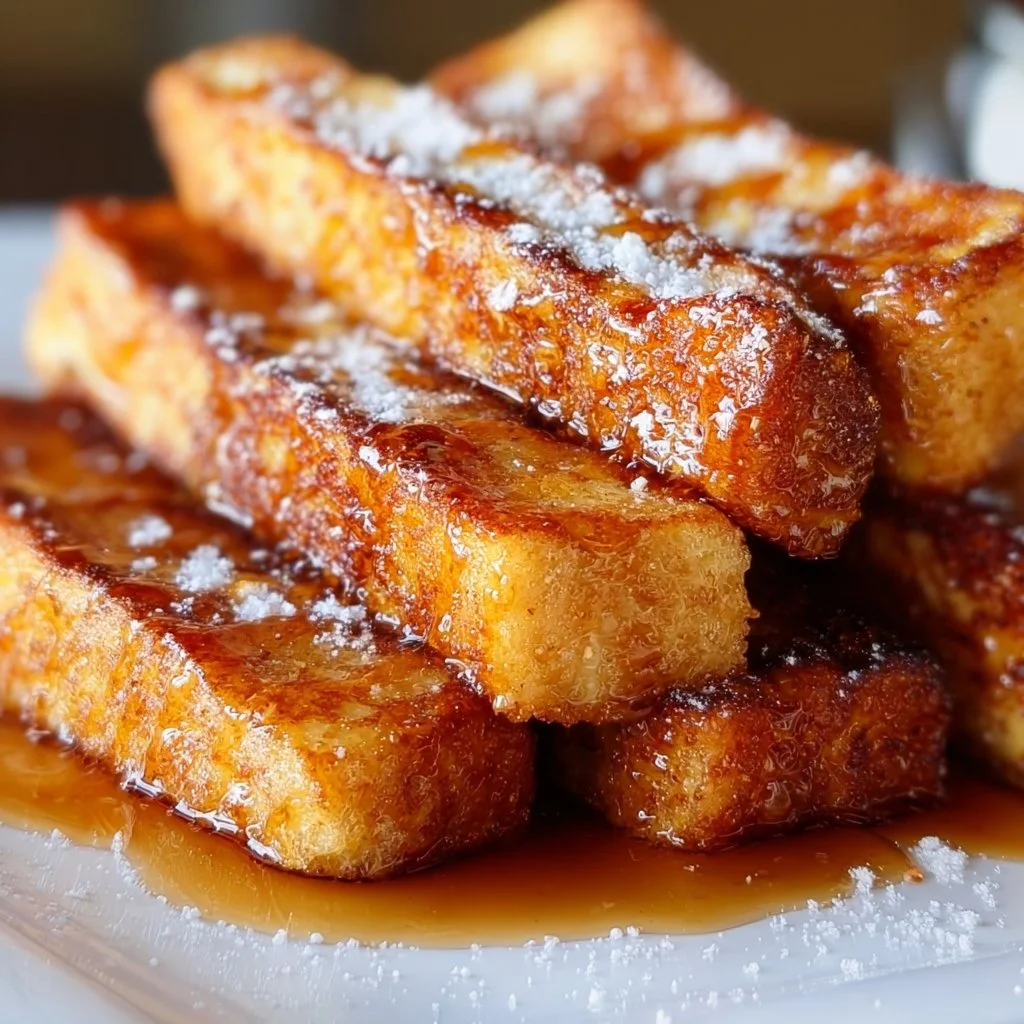 Crispy French toast sticks served on a plate with syrup and fruit