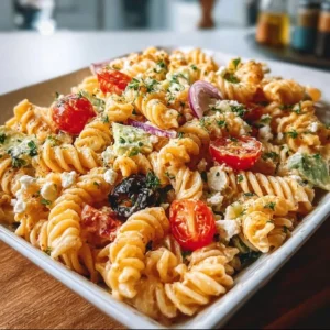High protein pasta salad loaded with vegetables and nutritious ingredients