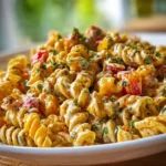 Bowl of easy high protein vegan pasta salad with colorful veggies