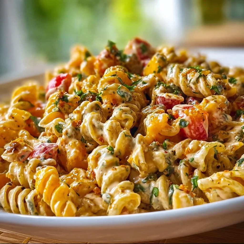 Bowl of easy high protein vegan pasta salad with colorful veggies
