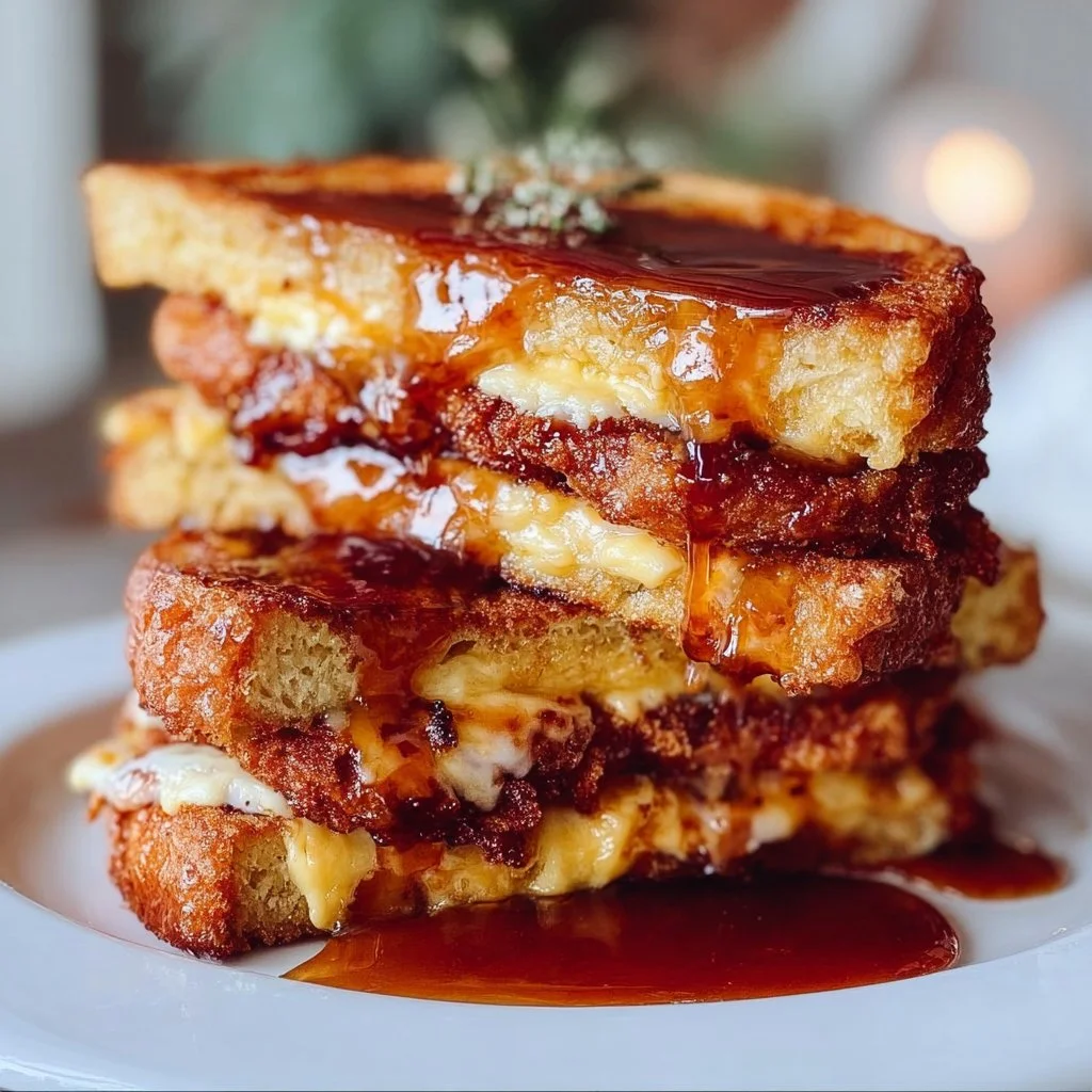 Delicious French toast sandwich served on a plate with fresh fruit.