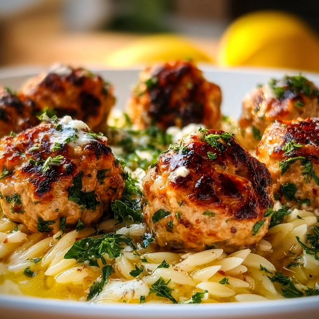 Home 5 Plate of Greek chicken meatballs served with lemon orzo