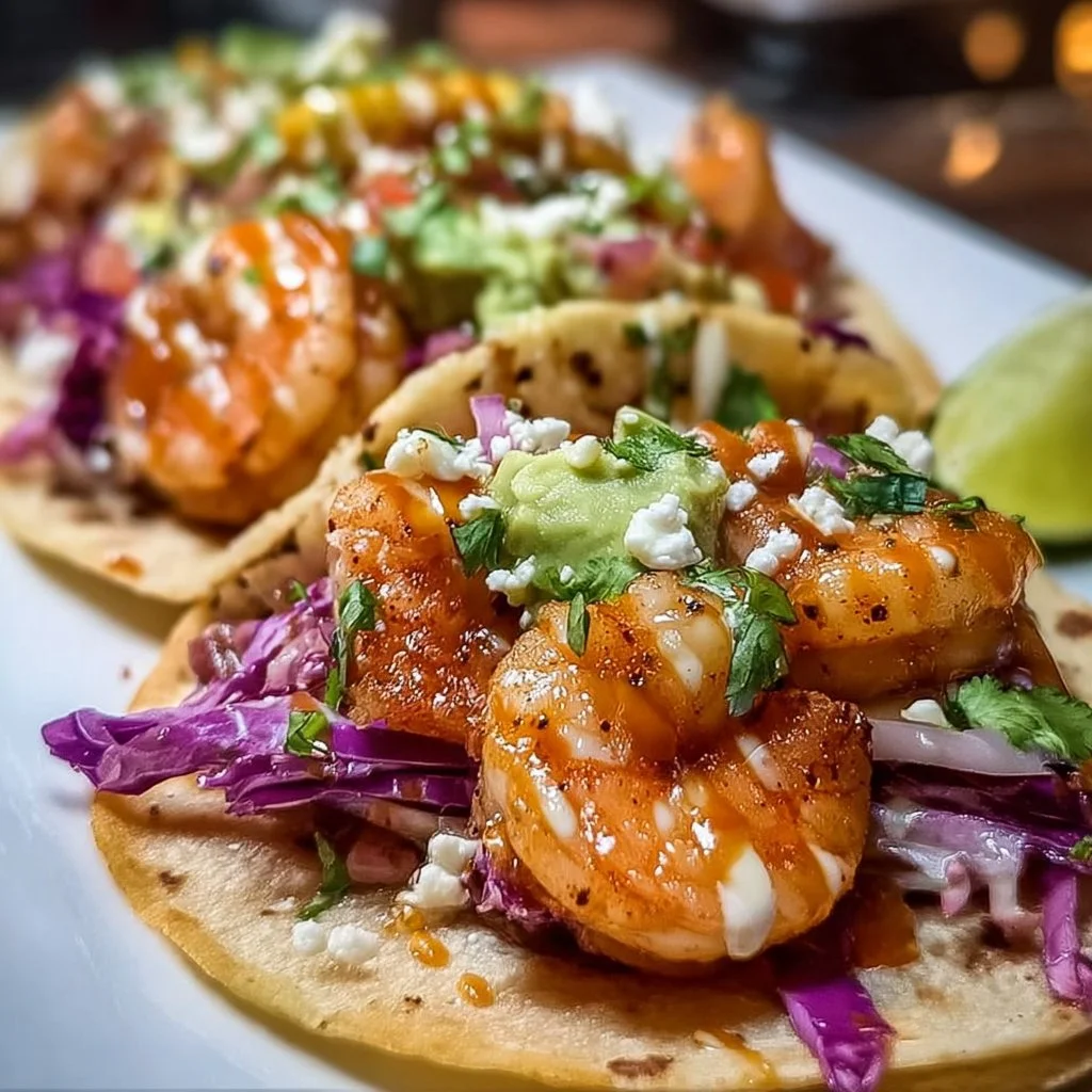 Home 6 Delicious healthy shrimp tacos served with fresh vegetables and garnishes.