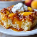 Heavenly Summer Peach Cobbler Poke Cake topped with fresh peaches and whipped cream