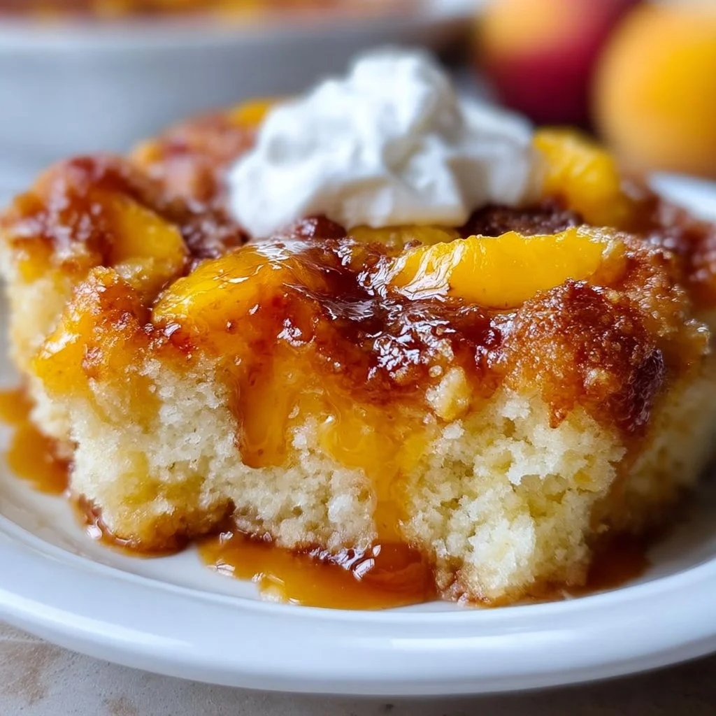 Heavenly Summer Peach Cobbler Poke Cake topped with fresh peaches and whipped cream