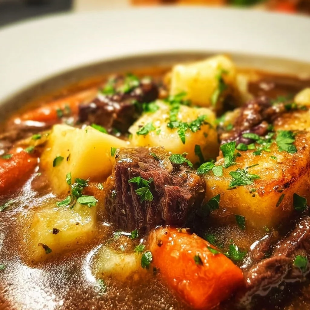 Bowl of homemade Irish stew with vegetables and herbs