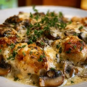 Keto Garlic Mushroom Chicken Casserole topped with cheese