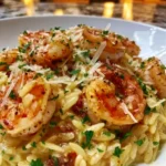 Delicious Parmesan Orzo with Shrimp in a creamy sauce.