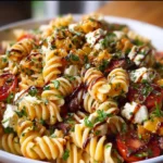 Serving bowl of Pasta Salad with Zesty Italian Dressing and colorful vegetables