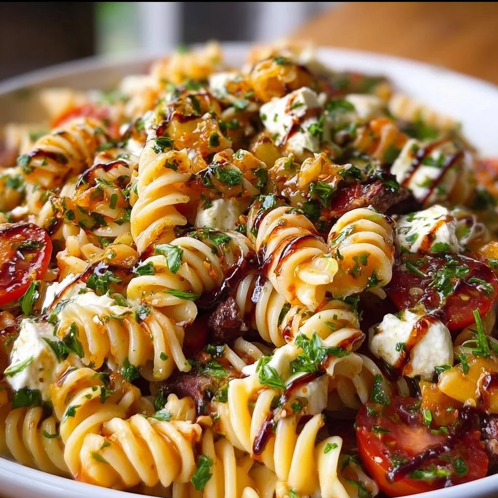 Serving bowl of Pasta Salad with Zesty Italian Dressing and colorful vegetables