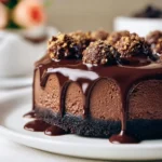 Slice of perfect chocolate cheesecake topped with chocolate shavings