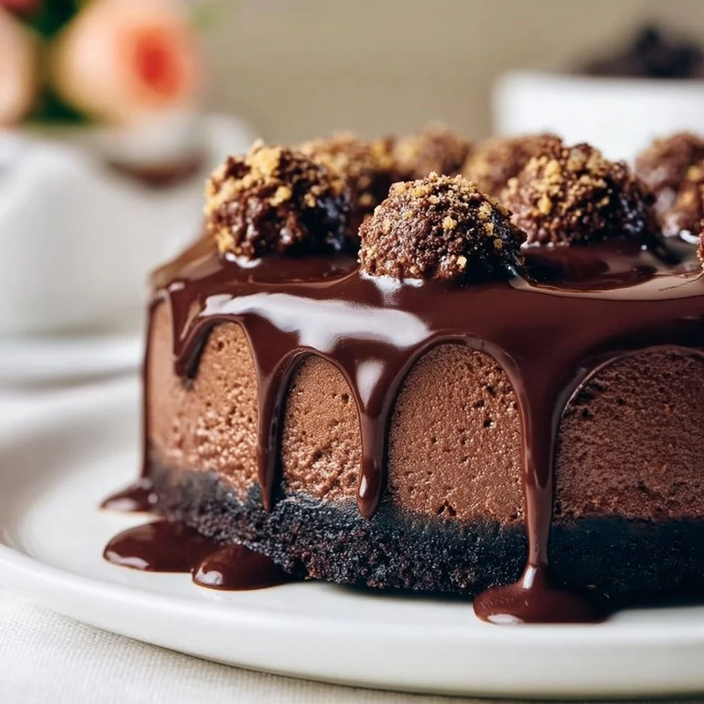 Slice of perfect chocolate cheesecake topped with chocolate shavings