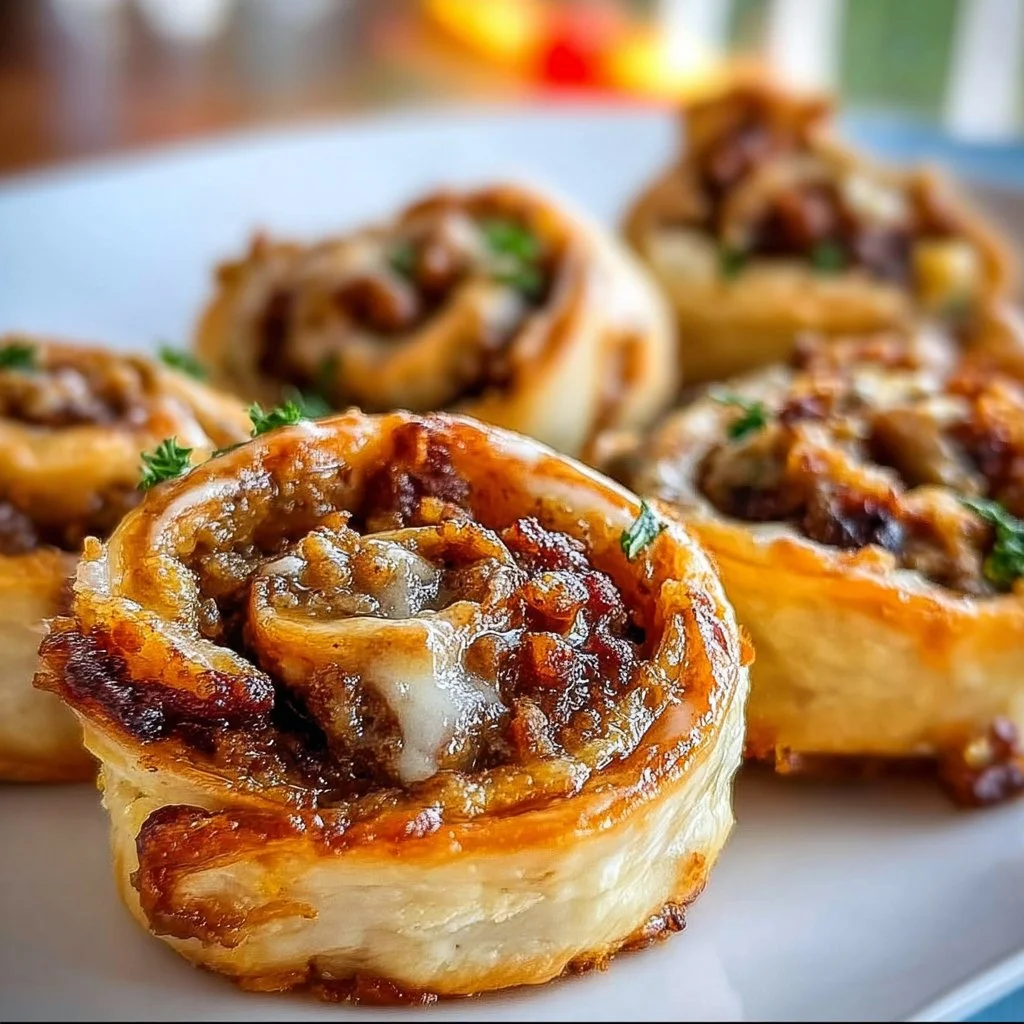 Golden brown sausage pinwheels on a white plate garnished with herbs