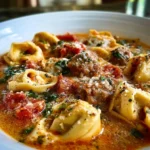 Bowl of Sausage Tortellini Soup with herbs and vegetables