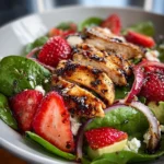 Simple strawberry spinach salad with chicken, fresh ingredients and vibrant colors.