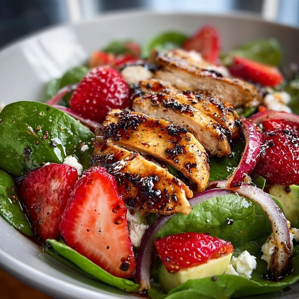 Simple strawberry spinach salad with chicken, fresh ingredients and vibrant colors.