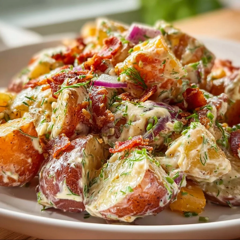 Delicious steakhouse potato salad served in a bowl, garnished with herbs.