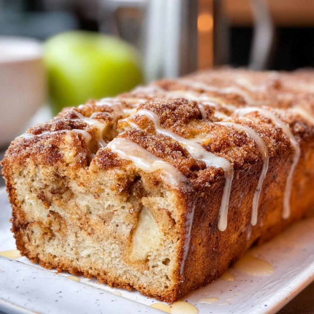 Freshly baked apple cinnamon bread with slices and cinnamon sprinkle