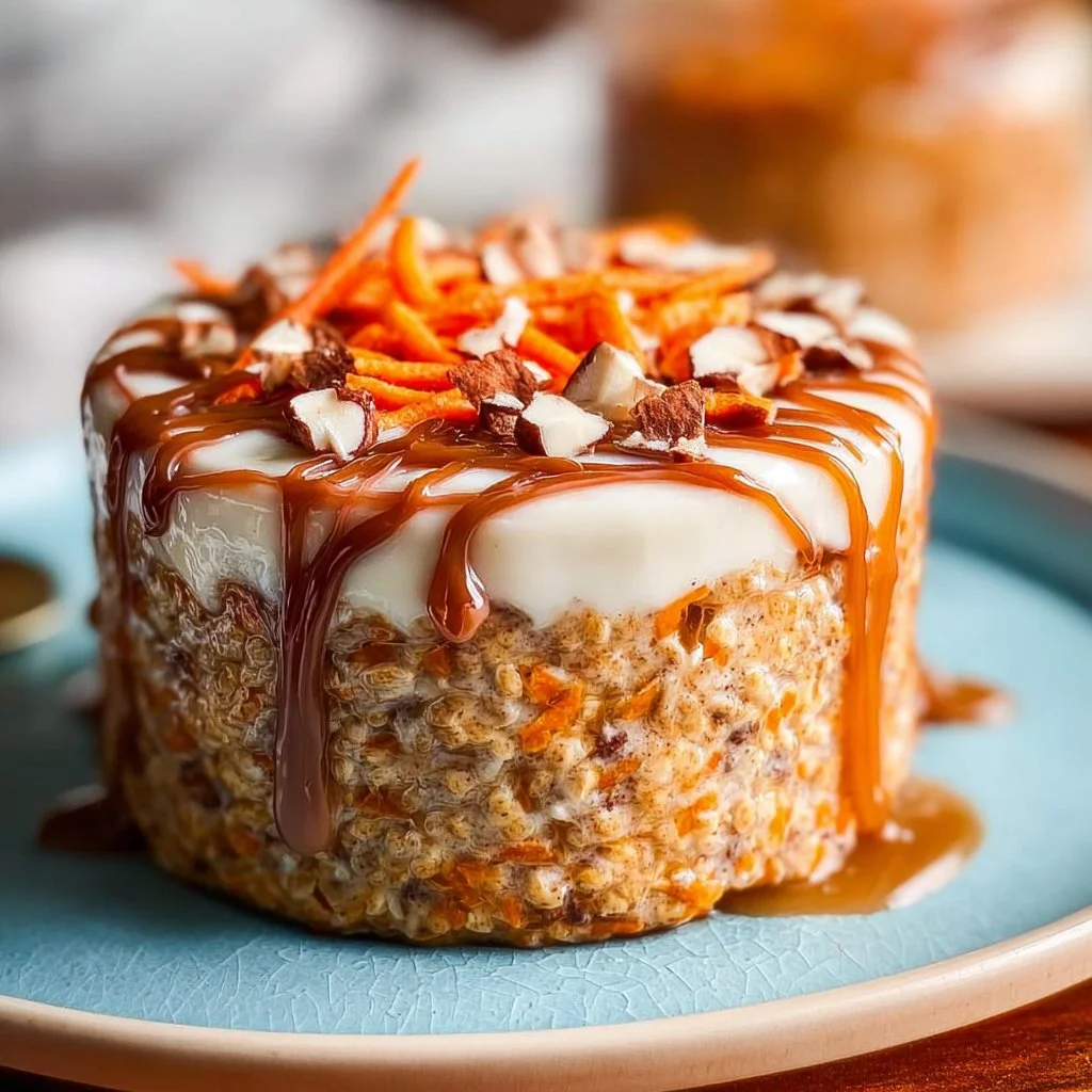 Bowl of Carrot Cake Overnight Oats topped with nuts and spices