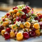 Chickpea salad topped with feta cheese and cranberries in a bowl.