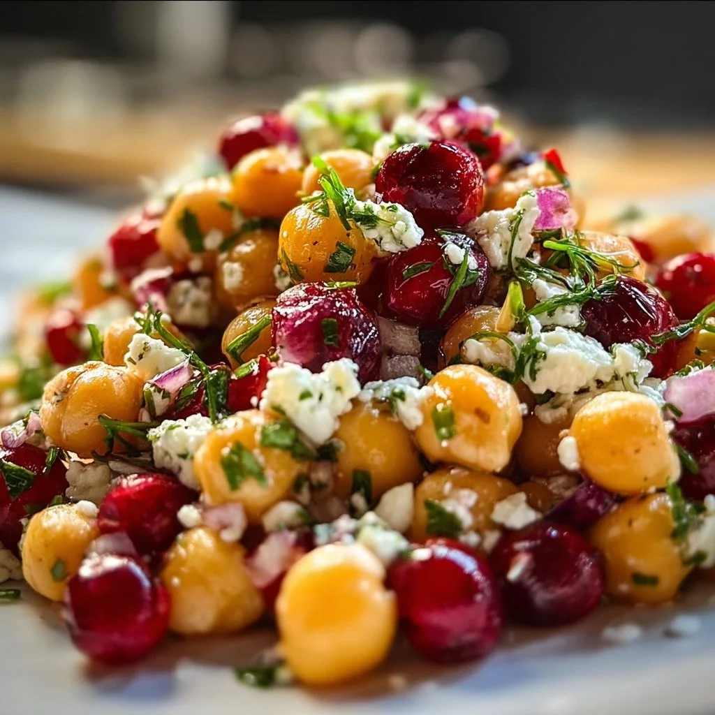 Chickpea salad topped with feta cheese and cranberries in a bowl.