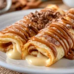 Delicious cinnamon roll protein crepes topped with cream and cinnamon sugar