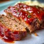 Delicious classic meatloaf served with mashed potatoes and green beans.
