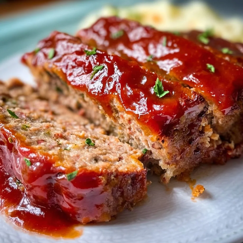 Delicious classic meatloaf served with mashed potatoes and green beans.