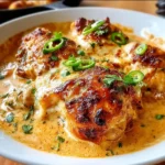 Creamy coconut milk chicken dish garnished with herbs and spices