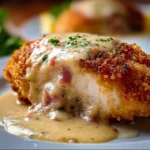 Creamy chicken cordon bleu with ham and cheese filling served on a plate.
