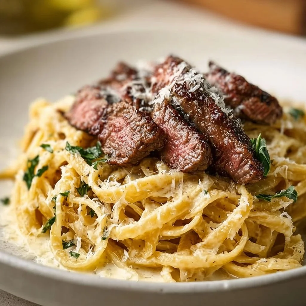 Creamy garlic parmesan steak pasta served in a white bowl with garnishes.