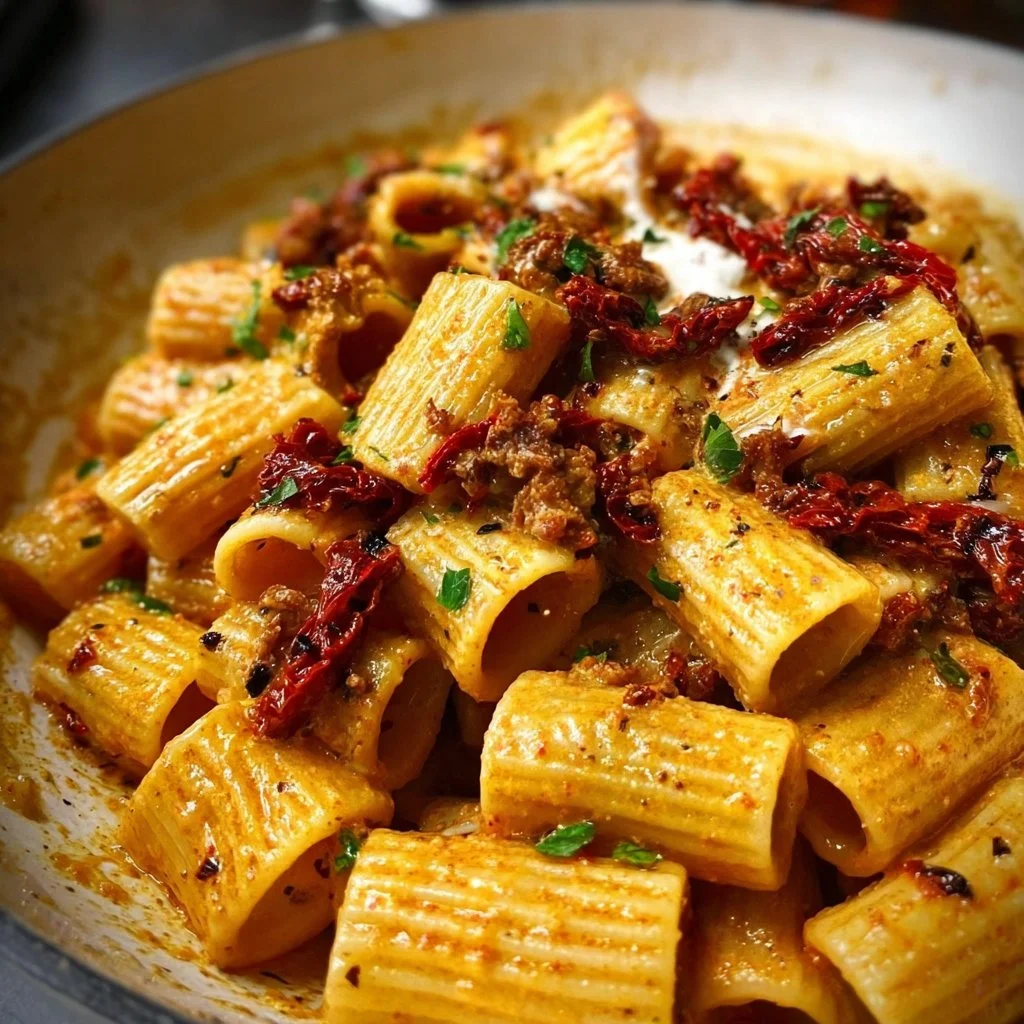 Creamy sun-dried tomato rigatoni pasta dish served in a bowl